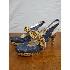 Miss Albright Anthropologie Blue Yellow Floral Polka Dot Slingback Heels Size 8